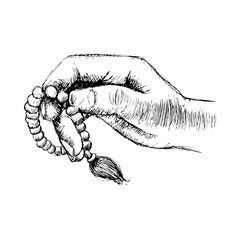 Hands holding a Muslim rosary. Hand drawing illustration.