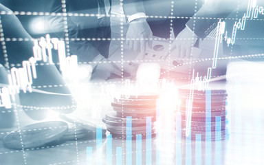 Obraz premium Digital stock market. Financial business stock market graph chart candle stick. Forex trading. Coins and megapolis background.