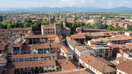Fototapeta na wymiar Urgnano, Bergamo, Italy. View of the village and the medieval castle from the top of the bell tower