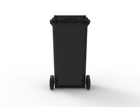 3D rendering of a black consumer trash waste bin container isolated in white studio background stimulating recycling.