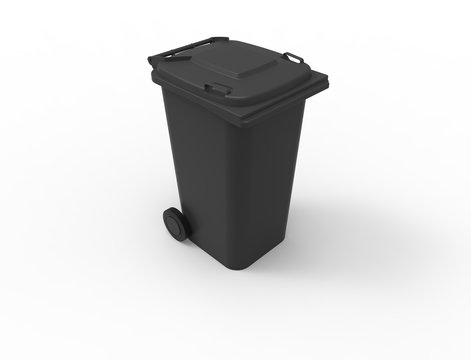 3D Rendering Of A Black Consumer Trash Waste Bin Container Isolated In White Studio Background Stimulating Recycling.