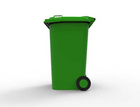 3D rendering of a green consumer trash waste bin container isolated in white studio background stimulating recycling