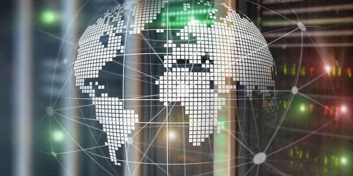 Futuristic modern data center with Holographic 3d planet earth Technology Banner. Telecommunication internet concept.