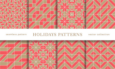 Set of winter holidays seamless patterns. Merry Christmas and Happy New Year. Collection of simple geometric textured backgrounds with red and golden colors. Vector illustration. EPS 10