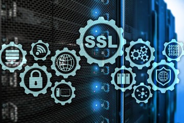 SSL Secure Sockets Layer concept. Cryptographic protocols provide secured communications. Server room background.