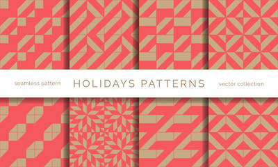 Set of winter holidays seamless patterns. Merry Christmas and Happy New Year. Collection of simple geometric textured backgrounds with red and golden colors. Vector illustration. EPS 10