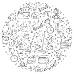 cleaning services company vector monochrome pattern on white background, drawing.