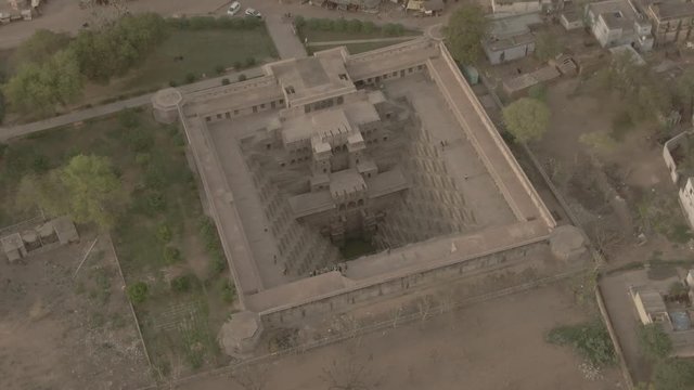 Chand Baori step well, Abhaneri, India, 4k aerial drone ungraded/flat footage