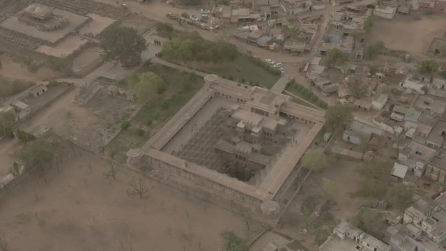 Chand Baori step well, Abhaneri, India, 4k aerial drone ungraded/flat footage