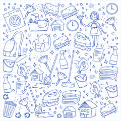 cleaning services company vector monochrome pattern on blue background, drawing pen.