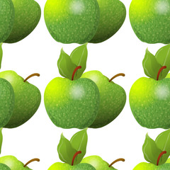 Vector seamless pattern. Abstract green apples with green leaves. Fresh fruits background, perfect for kitchen, food, drinks, juice, restaurant menu design and more