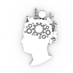 Man avatar profile view. Face silhouette with industrial icons as a hair. Mohawk hairstyle. Portrait with sunglasses. Gears group as a symbol of a brains. 3D rendering.