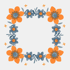 Floral greeting card and invitation template for wedding or birthday anniversary, Vector square shape of text box label and frame, Orange flowers wreath ivy style with branch and leaves.