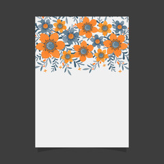 Common size of floral greeting card and invitation template for wedding or birthday anniversary, Vector shape of text box label and frame, Orange flowers wreath ivy style with branch and leaves.