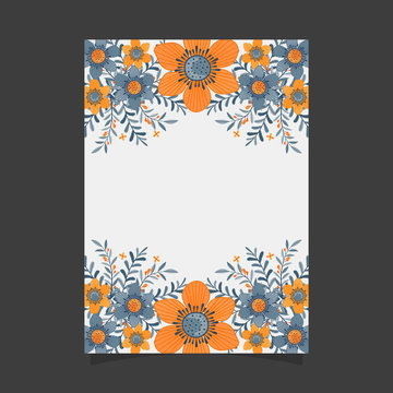 Common size of floral greeting card and invitation template for wedding or birthday anniversary, Vector shape of text box label and frame, Orange flowers wreath ivy style with branch and leaves.