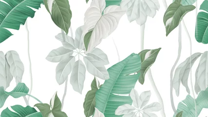 Deurstickers Tropisch bos naadloos patroon, bananenbladeren, Syngonium podophyllum albo-variegatum en Schefflera arboricola of parapluboom op witte achtergrond, pastel vintage thema © momosama