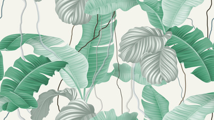 Fototapety  Tropical forest seamless pattern, banana leaves and Calathea orbifolia on light brown background, pastel vintage theme