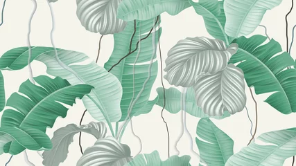 Muurstickers Tropical forest seamless pattern, banana leaves and Calathea orbifolia on light brown background, pastel vintage theme © momosama