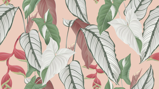 Floral seamless pattern, Calathea ornata, Syngonium podophyllum albo-variegatum and Heliconia rostrata flowers on light orange background, pastel vintage theme