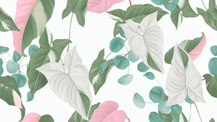 Poster Tropical plants seamless pattern, Syngonium podophyllum albo-variegatum, Pilea peperomioides and Philodendron pink princess on light grey background, pastel vintage theme © momosama