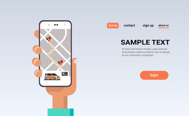human hand using online ordering taxi car sharing mobile application concept transportation carsharing service carpooling app smartphone screen with gps map copy space horizontal