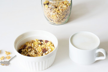 Healthy breakfast. Fresh granola on a white background