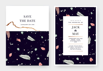 Botanical wedding invitation card template design, Calathea ornata, Anthurium, Thalictrum delavayi and eucalyptus on dark purple, pastel vintage theme