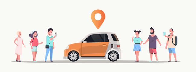 people using mobile application ordering auto with location pin online taxi car sharing carpooling concept transportation carsharing service flat horizontal - obrazy, fototapety, plakaty