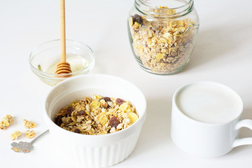 Healthy breakfast. Fresh granola on a white background