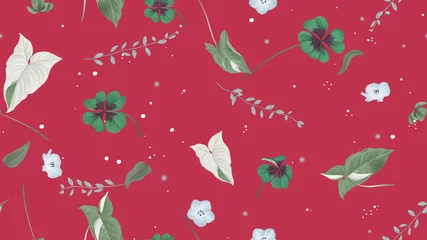 Poster Floral seamless pattern, Oxalis tetraphylla or lucky clover, Syngonium podophyllum albo-variegatum, Asclepiadaceae and Nemophila flowers on red background, pastel vintage theme © momosama