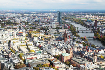 Obraz premium Panoramic view from observation point from Main Tower to Frankfurt and suburbans, Germany