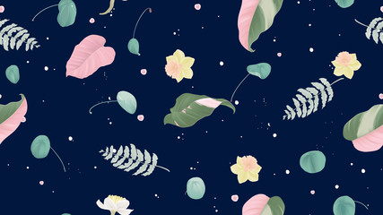 Floral seamless pattern, Philodendron pink princess, fern, daffodils and Pilea peperomioides on dark blue background, pastel vintage theme © momosama