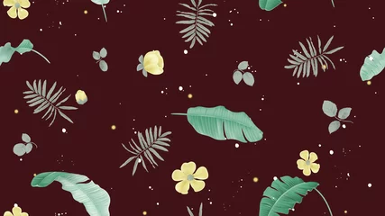Foto op Canvas Floral seamless pattern, banana leaves, yellow flowers and tropical plants on dark brown background, pastel vintage theme © momosama