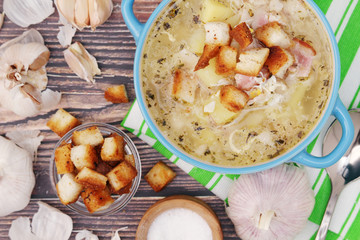 A bowl with traditional Czech garlic soup cesnecka