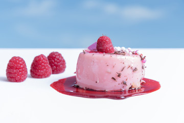 Delicious berry tart with berry sauce, the sky in the background