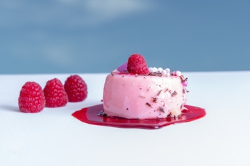Delicious berry tart with berry sauce, the sky in the background