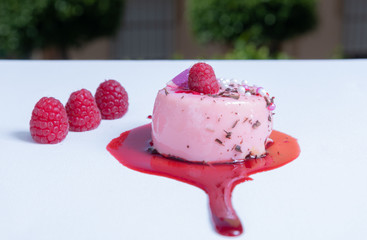 Berry tart on red syrup, selective focus