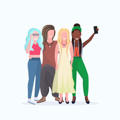 Fototapeta premium women group taking selfie photo on smartphone camera mix race girls having fun female cartoon characters full length flat white background
