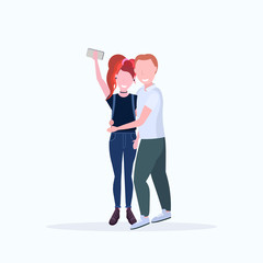 man woman couple taking selfie photo on smartphone camera male female cartoon characters embracing posing on white background flat full length