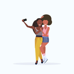two women taking selfie photo on smartphone camera african american female cartoon characters standing together posing on white background flat full length
