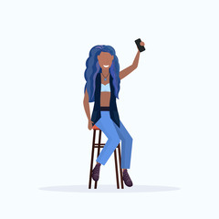 woman taking selfie photo on smartphone camera african american female cartoon character sitting on chair posing on white background flat full length