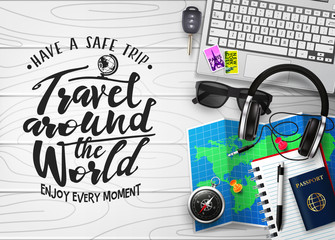 Travel Around the World 3D Realistic Banner Top View Travel Scene Generator in top of White Wood Plank Table  with Travelling Items like Laptop, Car Key, Sunglasses, Headset, Map, Compass, Passport, 