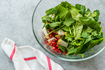 Pomegeranate and Pear Salad in Glass Bowl Ready to Make.