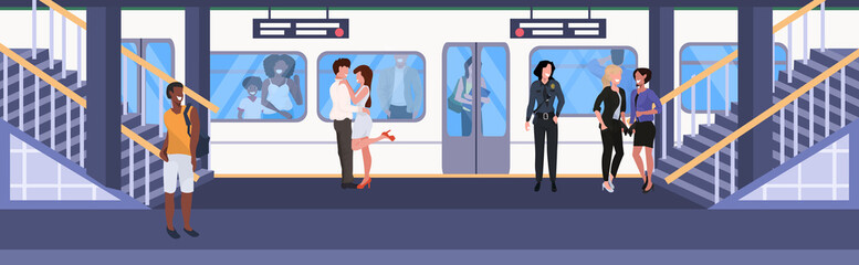 mix race passengers at subway railway underground station men women standing on platform waiting train city transport concept flat horizontal full length vector illustration