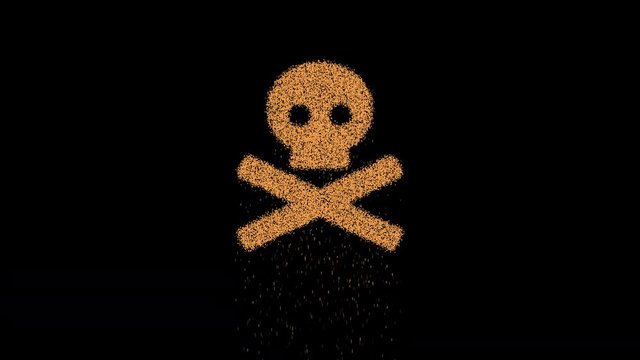 Symbol skull crossbones appears from crumbling sand. Then crumbles down. Alpha channel Premultiplied - Matted with color black