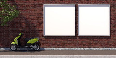 3d-illustration two square blank advertising billboard on brick wall