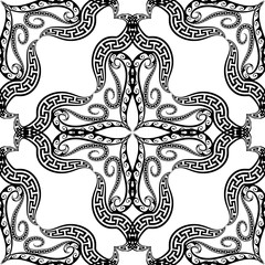 Arabesque abstract greek style vector seamless pattern. Black and white ornamental arabic background. Floral repeat decorative ornate backdrop. Wave lines, flowers, swirls, greek key meanders ornament