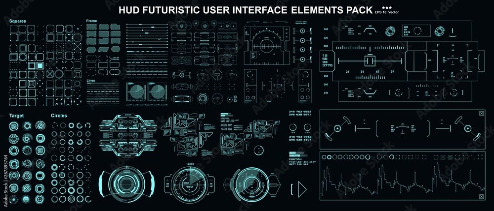 Poster hud elements mega set pack. dashboard display virtual reality technology screen. futuristic user int