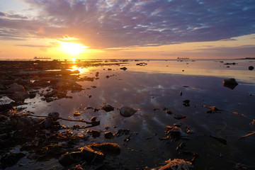 Fototapeta na wymiar Beautiful red sunset. The sun is setting in the sea. Reflection in the sea, rocky shore. Sun rays.
