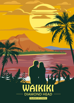 Waikiki Island Of O Ahu Retro Vintage Style Travel Poster Or Sticker